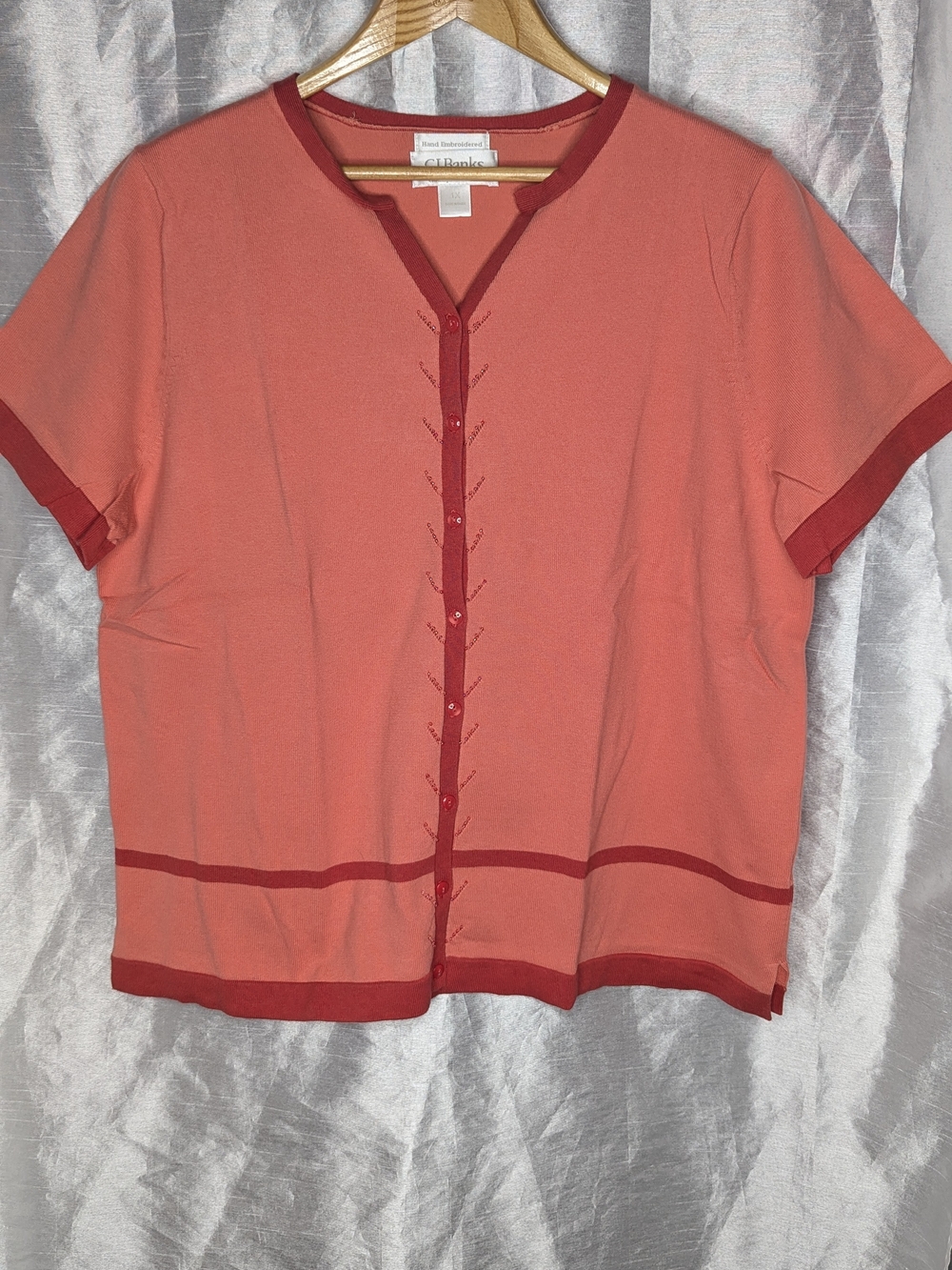 C.J. Banks Orange/Red Solid V-Neck Button Front Embroidered Knit Cardigan 1X
